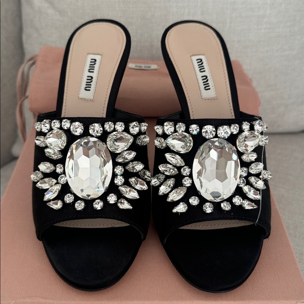 Miu Miu Black Crystal Embellished Slides